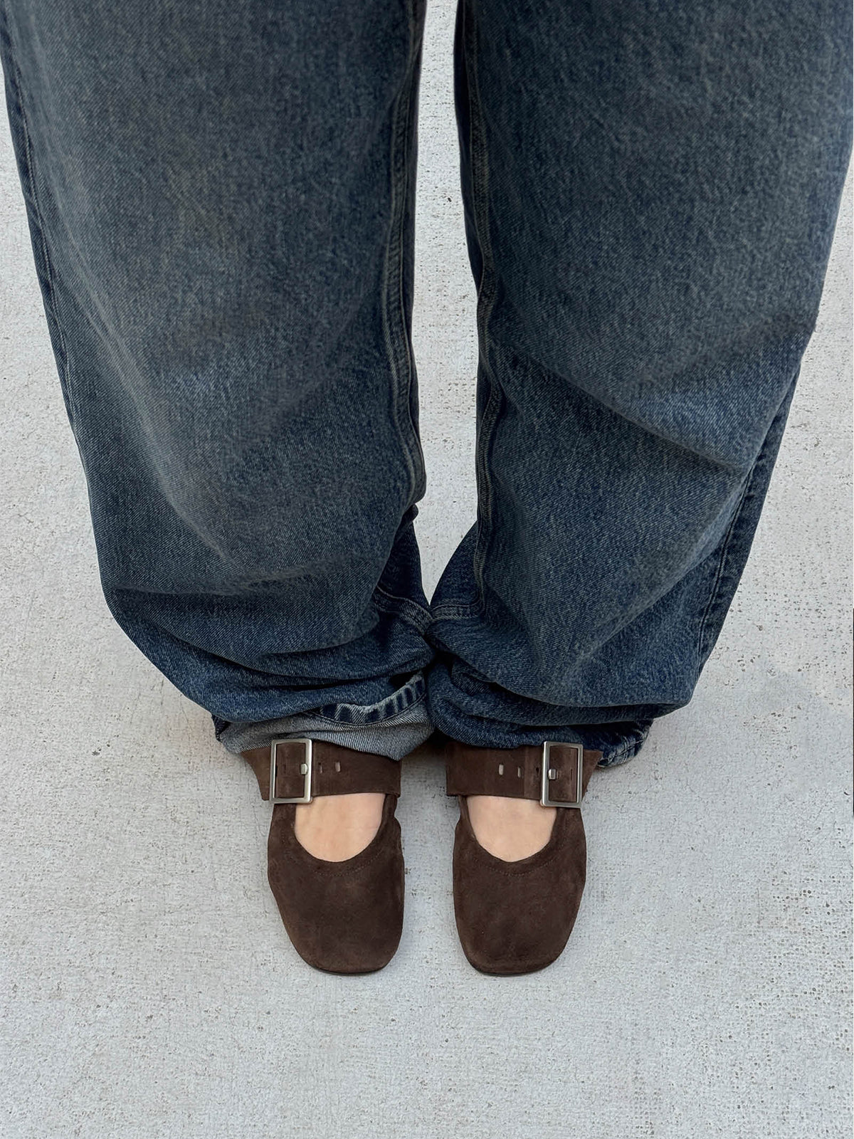 Brown Faux Suede Square-Toe Big Buckle Middle Strap Chic Ballet Flats