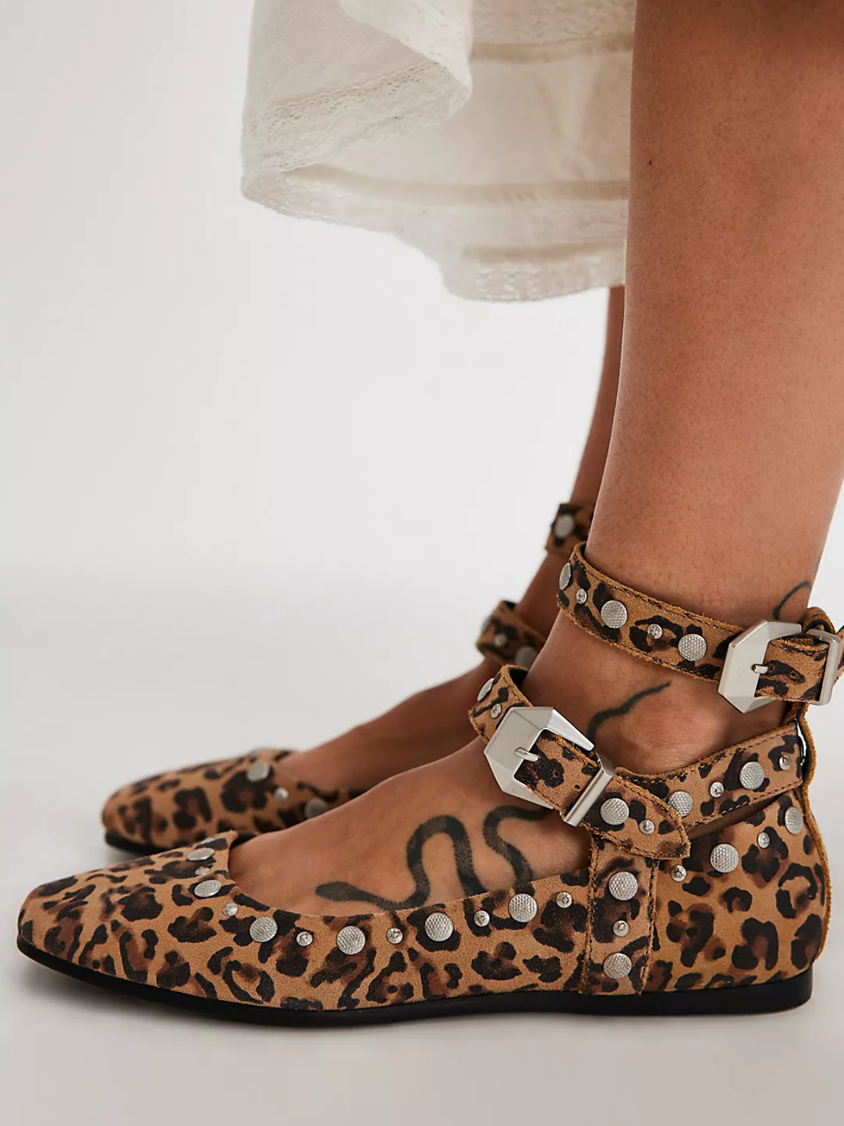 Leopard Faux Suede Square-Toe Studded Mary Janes Double-Strap Flats