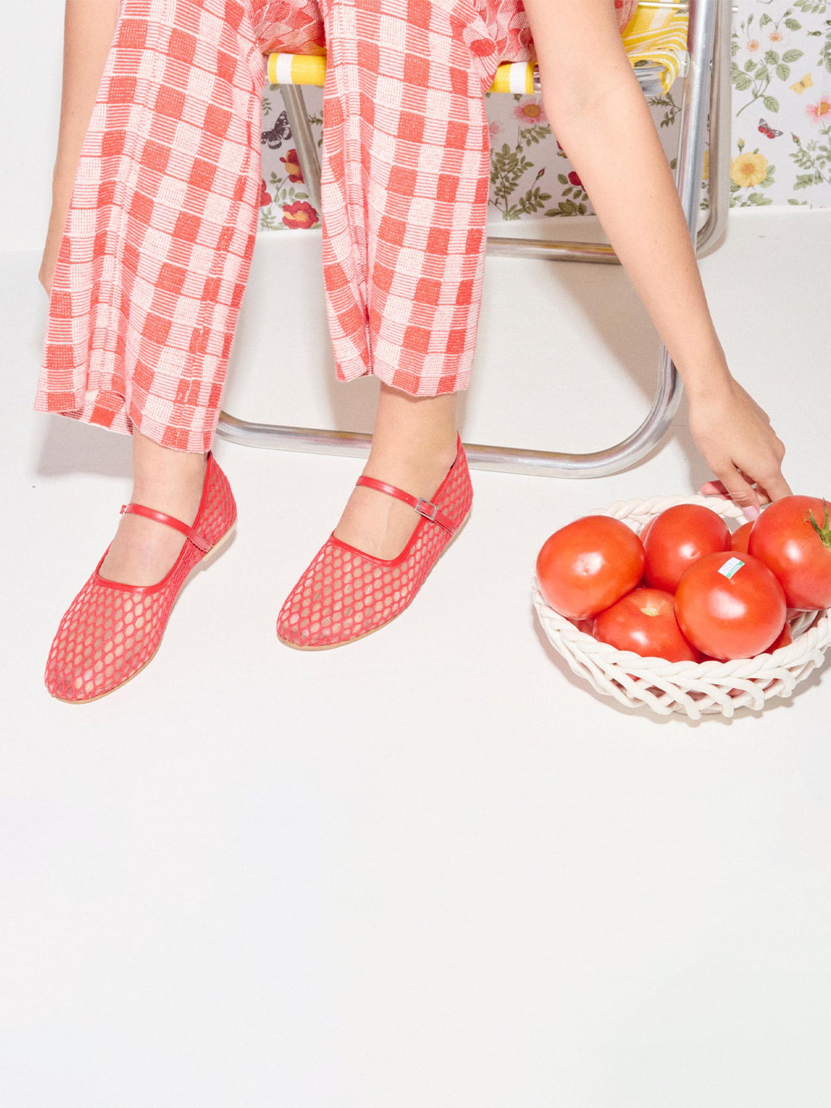 Crimson Red Round-Toe Mesh Bridge Strap Mary Jane Flats