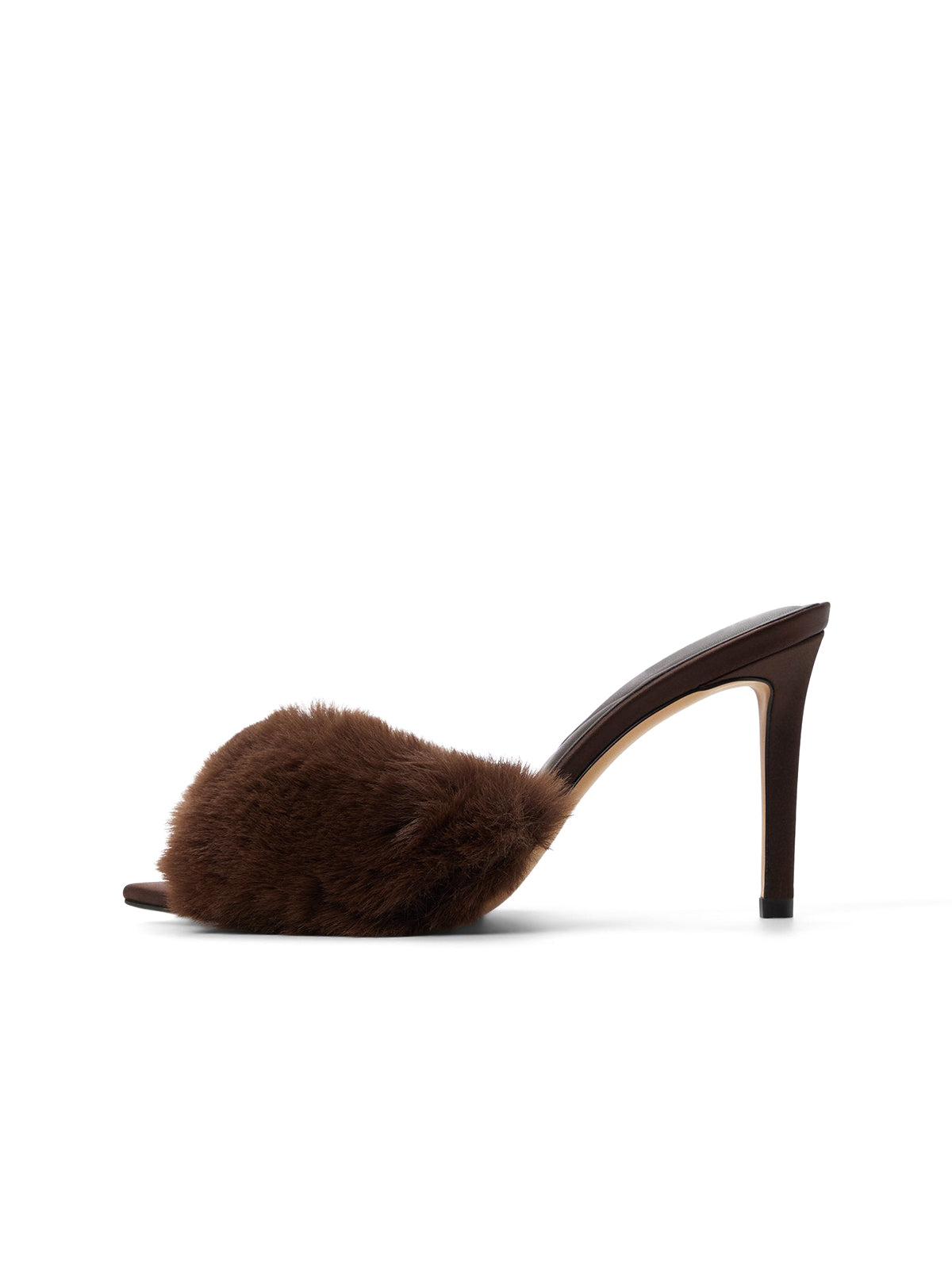 Dark Brown Pointed-Toe Front Plush Slip-On Backless High Heels