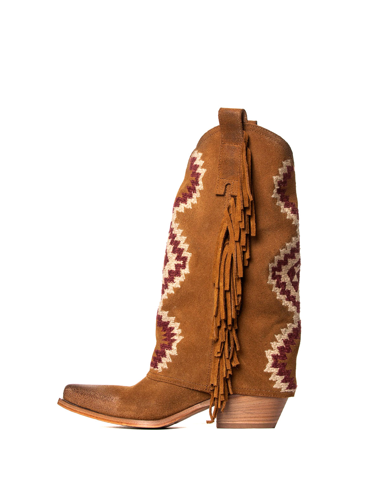 Side Fringe Snip-Toe Embroidery Fold-Over Mid Calf Cowgirl Boots - Brown Faux Suede