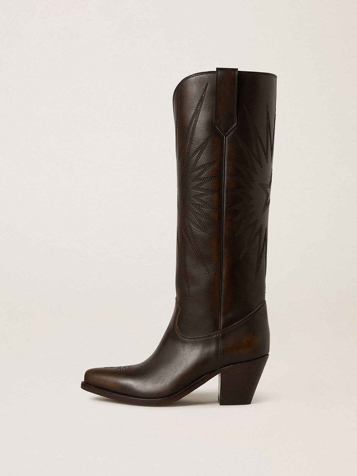 Dark Brown Snip-Toe Star Embroidery Wide Calf Knee High Classic Cowgirl Boots