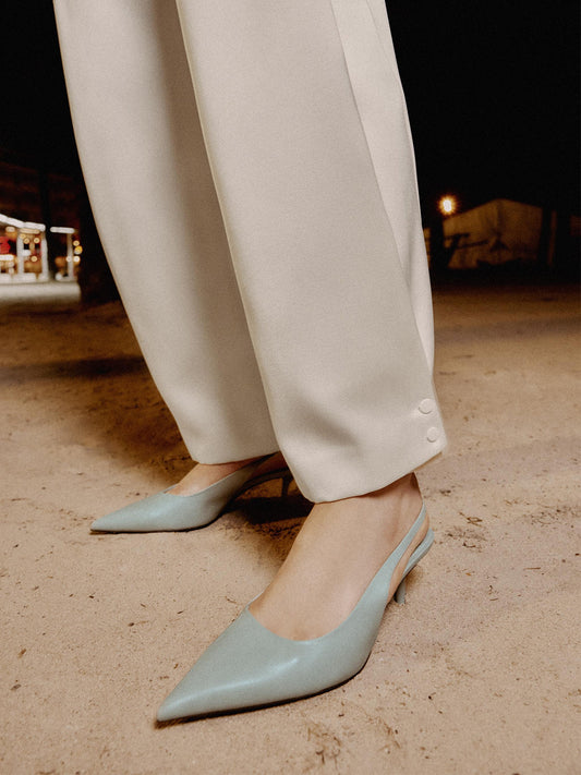 Blue Pointed-Toe Simple Elastic Back Strap Kitten Heels