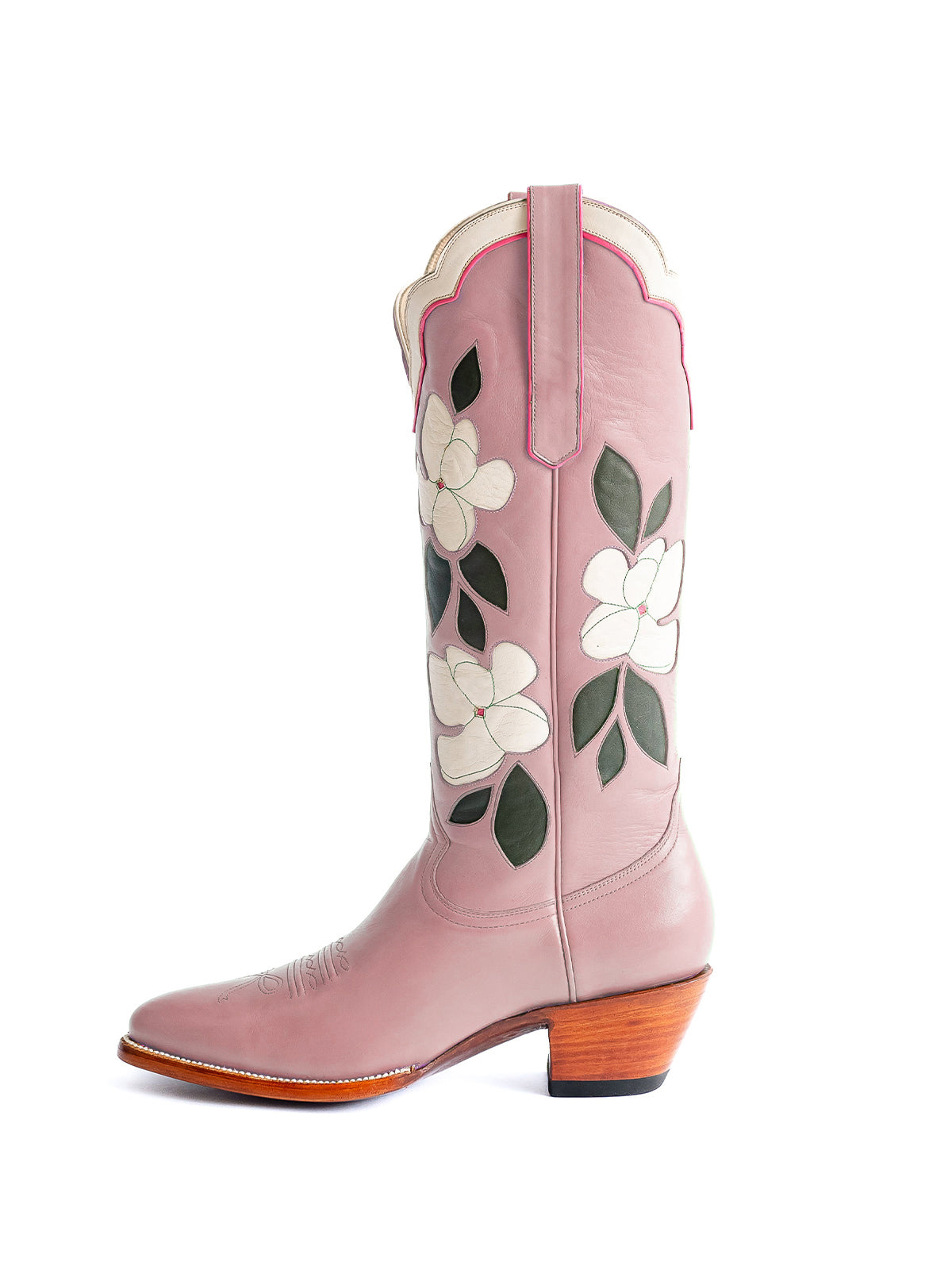 Dusty Pink Almond-Toe White Flower Inlay Wide Calf Knee High Cowgirl Boots