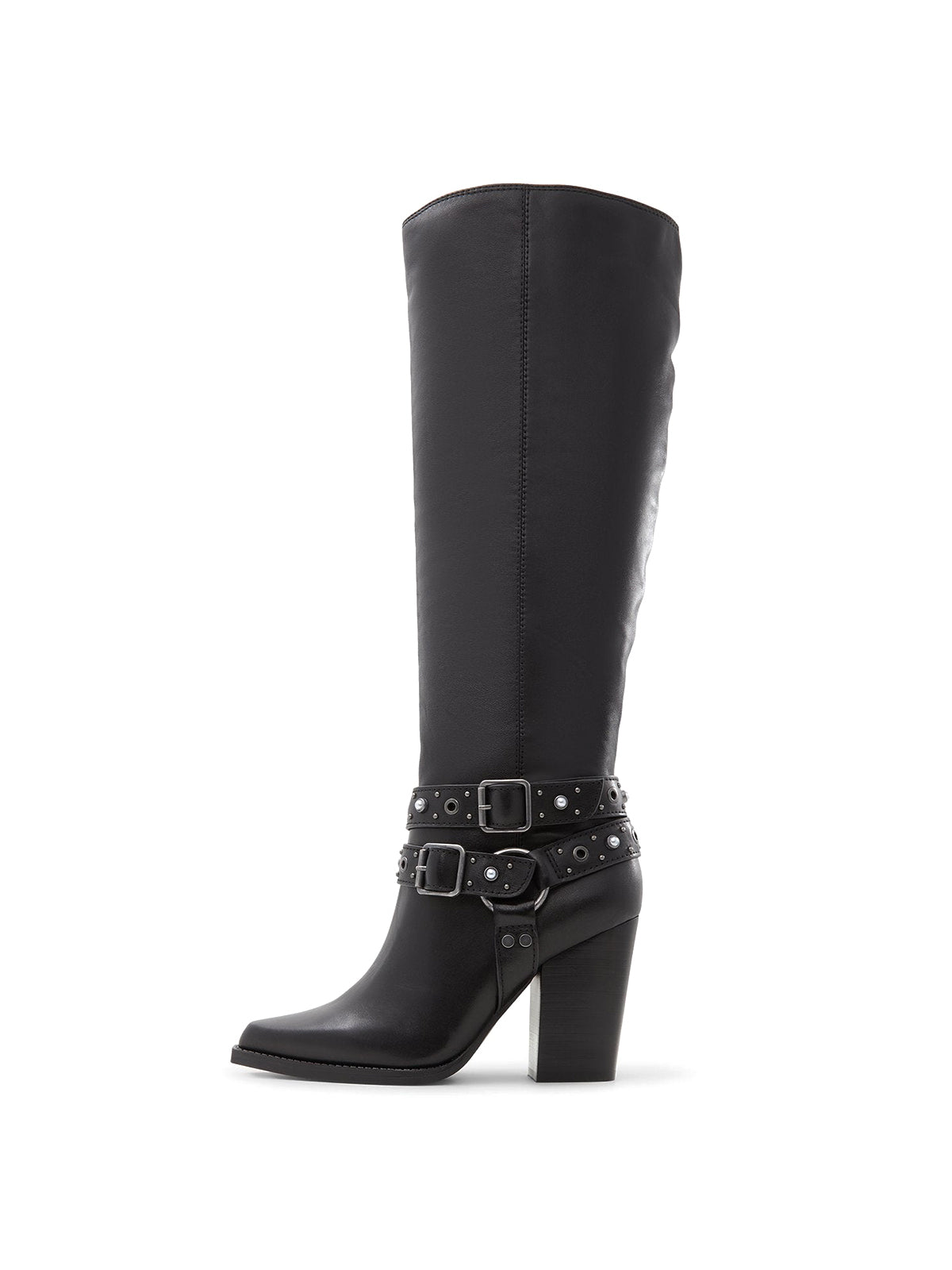 Black Pointed-Toe Double Straps Half-Zip Knee High Cowgirl Boots
