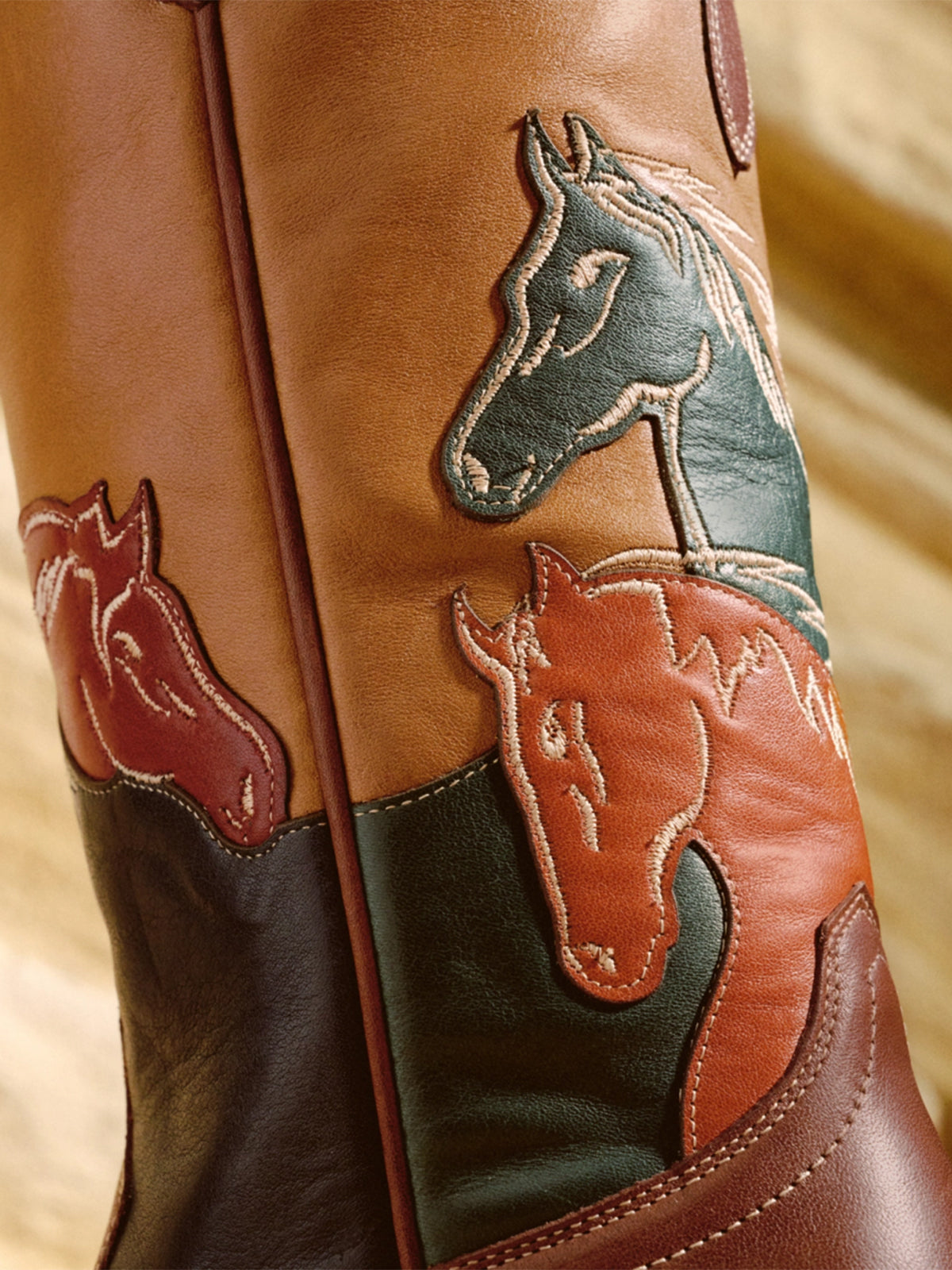 Brown Snip-Toe Horsehead Applique Mid Calf Cowgirl Boots