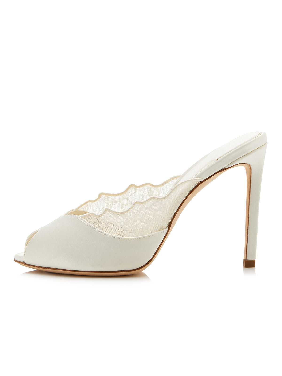 Ivory Satin And Lace Mesh Peep Round-Toe Slip-On Mules High Heels