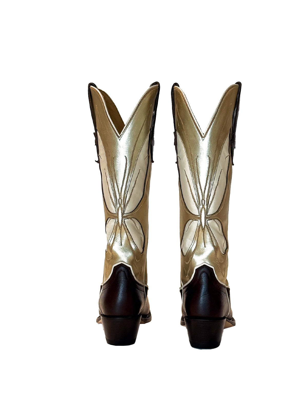 Contrast Metallic Gold And Black Snip-Toe Butterfly Inlay Wide Calf Knee High Cowgirl Boots