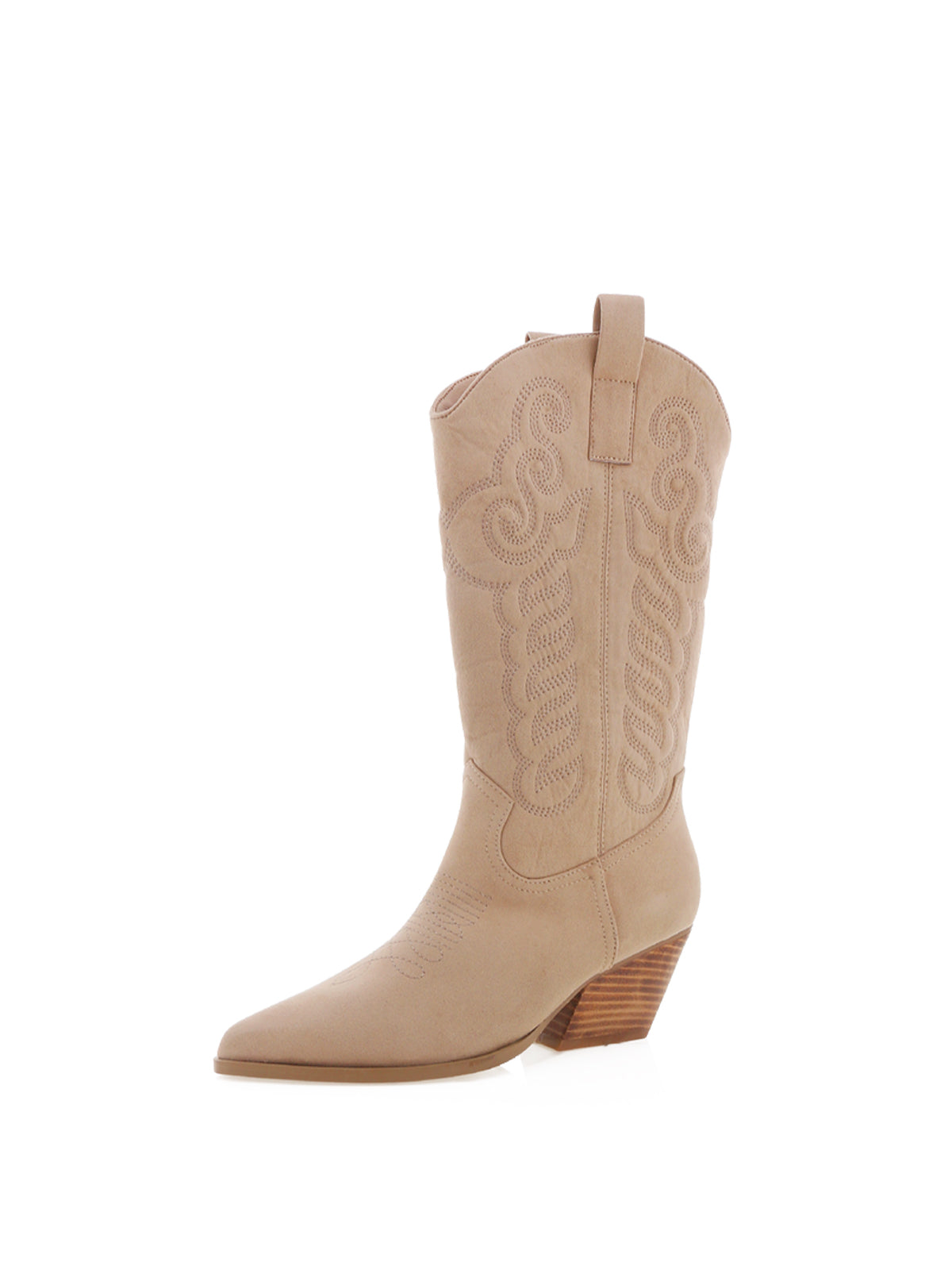 Sand Faux Suede Pointed-Toe Embroidery Western Mid Calf Cowgirl Boots