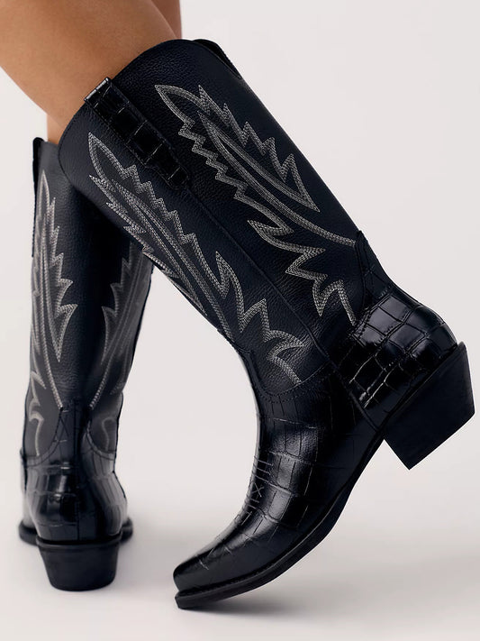 Black Snip-Toe Classic Western Embroidery Mid Calf Stylish Cowgirl Boots