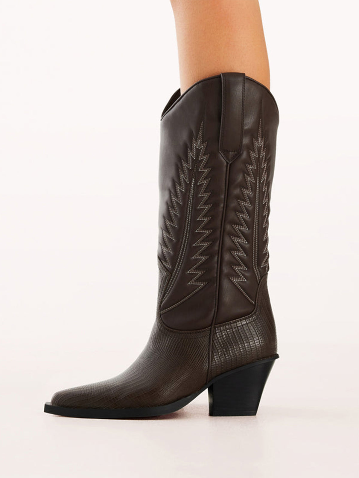 Chocolate Pointed-Toe Embroidery Western Mid Calf Cowgirl Boots