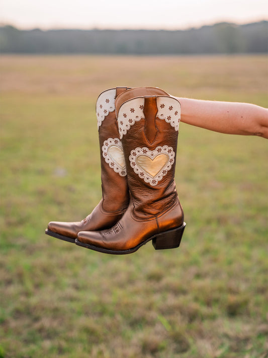 Metallic Copper Snip-Toe Heart Applique And Flowers Embroidery Mid Calf Cowgirl Boots