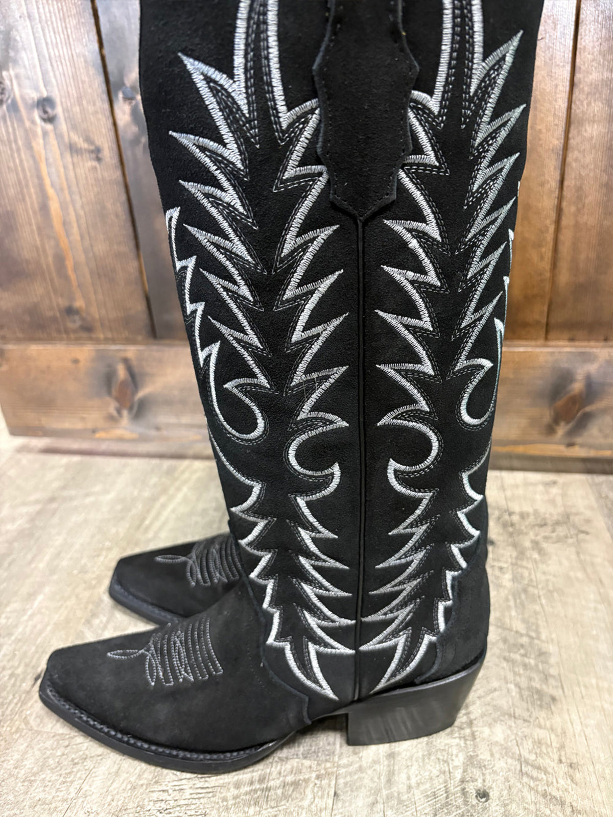 Black Faux Suede Snip-Toe Classic Embroidery Wide Calf Knee High Cowgirl Boots