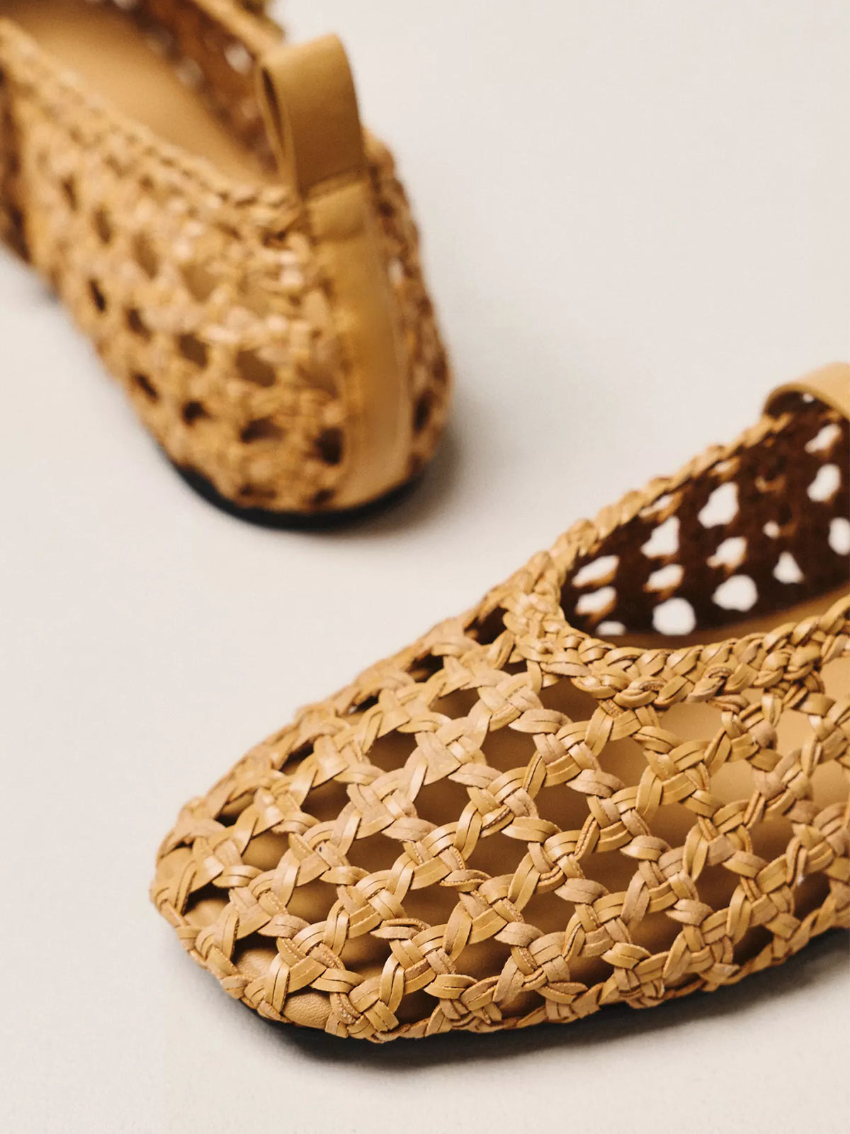 Brown Woven Vegan Leather Square-Toe Chic Buckle Bridge Strap Ballet Flats