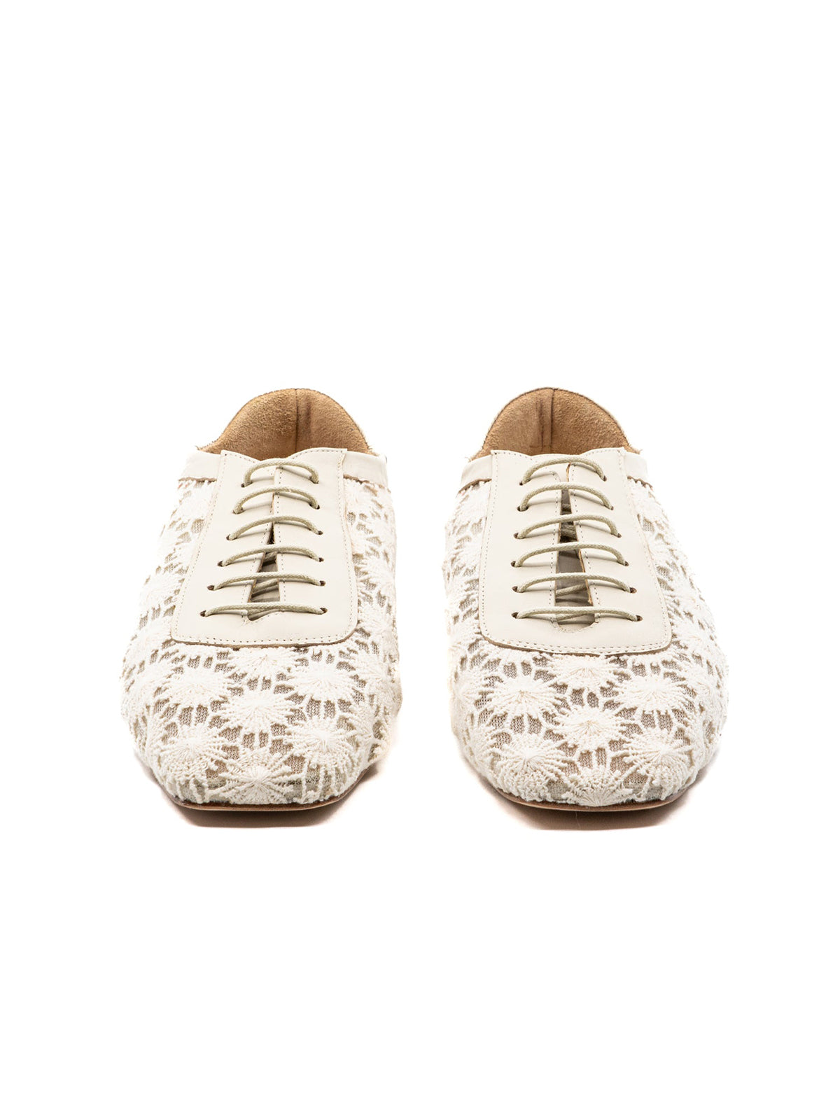 Offwhite Mesh And Vegan Leather Square-Toe Lace-Up Chic Flats