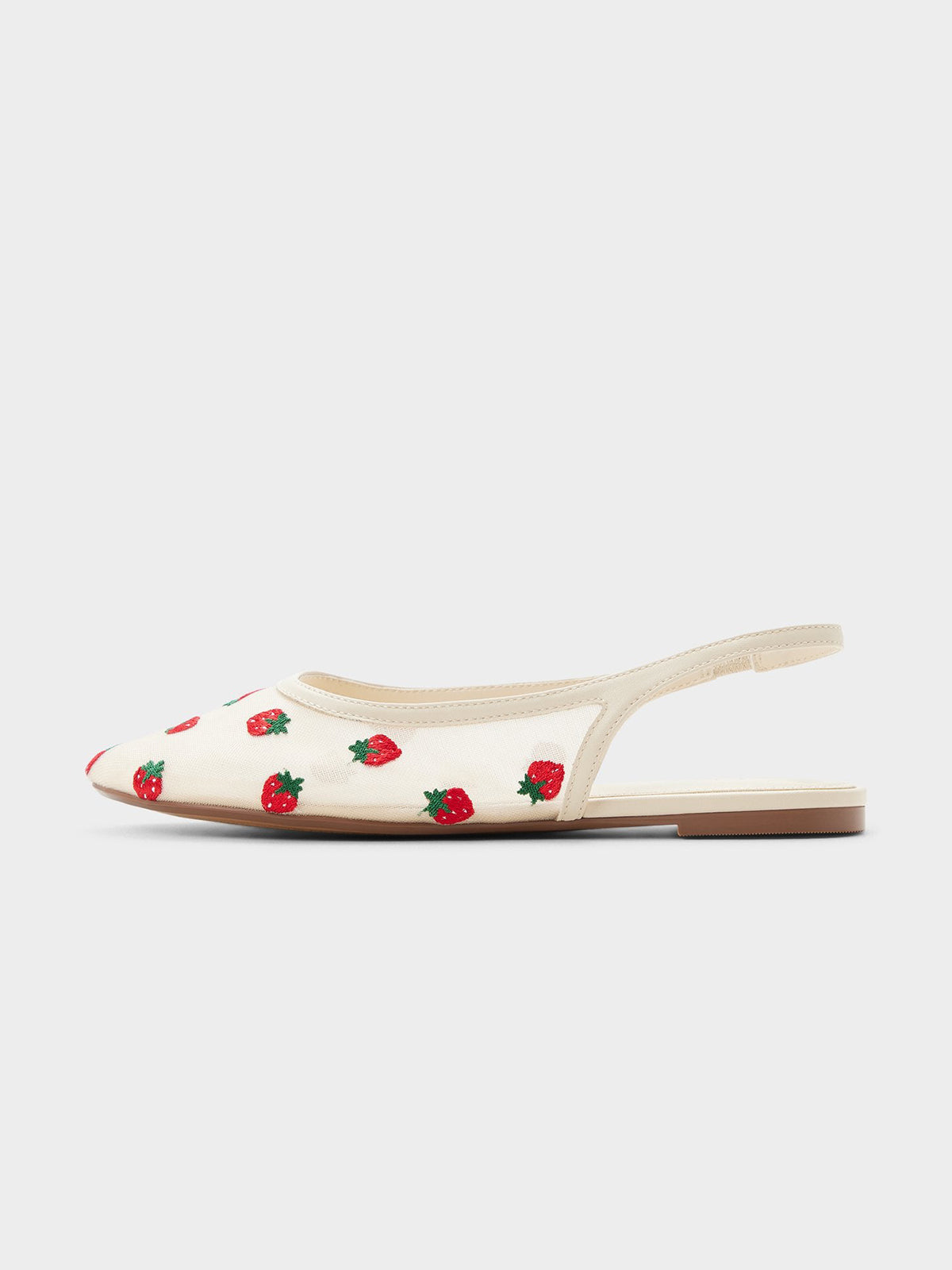 Cream Mesh Round-Toe Strawberry Embroidery Chic Back Strap Flats