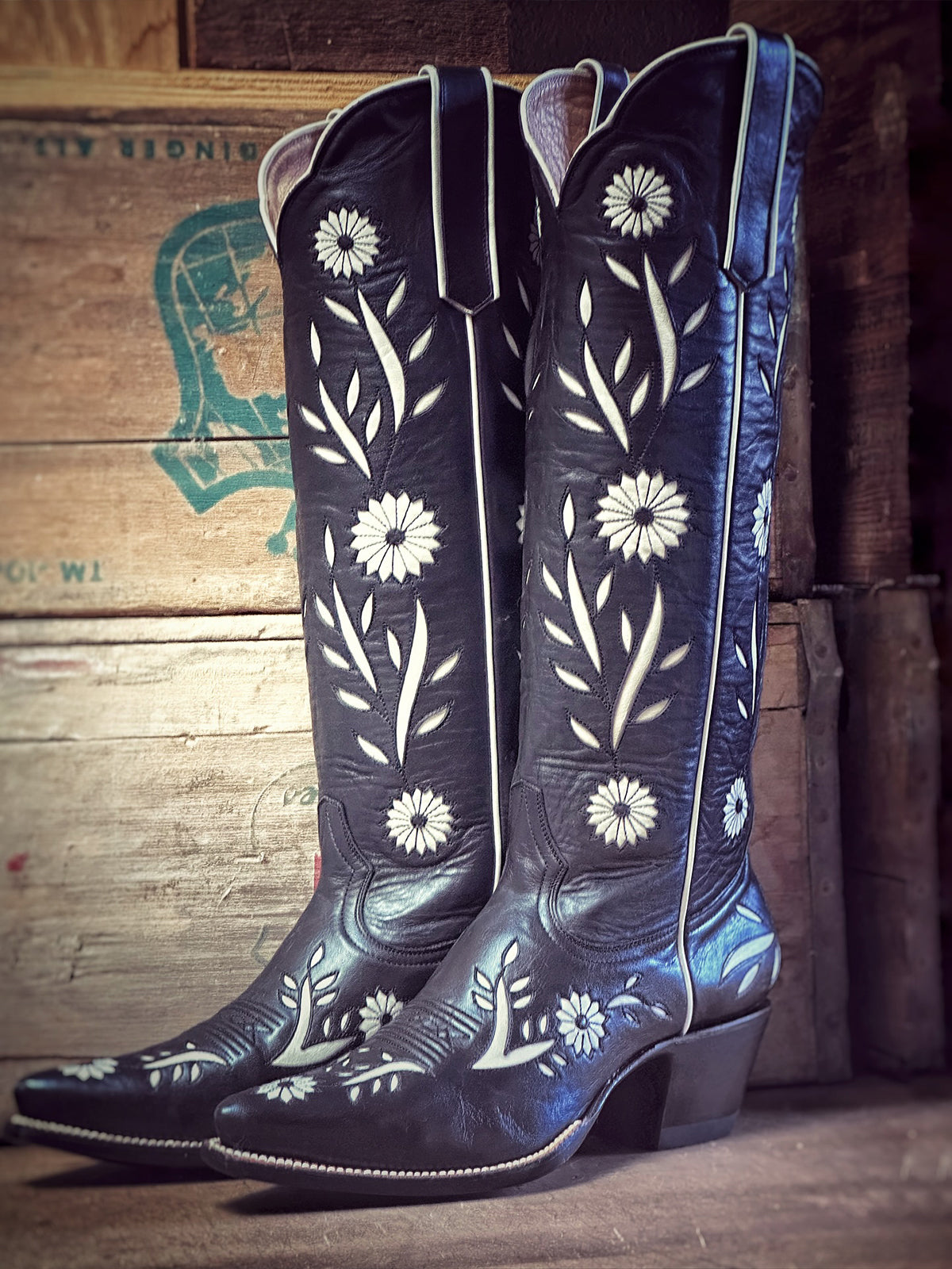 Black Pointed-Toe White Sunflower Inlay Wide Calf Knee High Cowgirl Boots