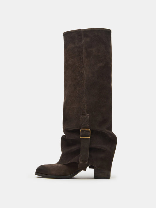 Taupe Faux Suede Round-Toe Fold-Over Adjustable Buckle Knee High Cowgirl Boots