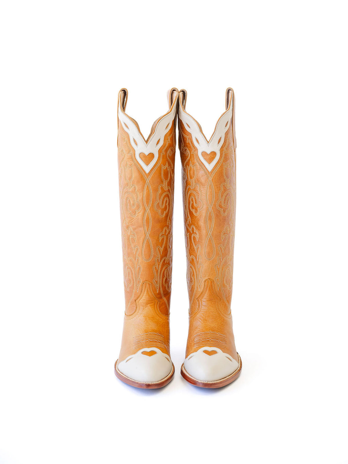 Contrast Honey And Ivory Almond-Toe Embroidery Hearts Inlay Wide Calf Knee High Cowgirl Boots