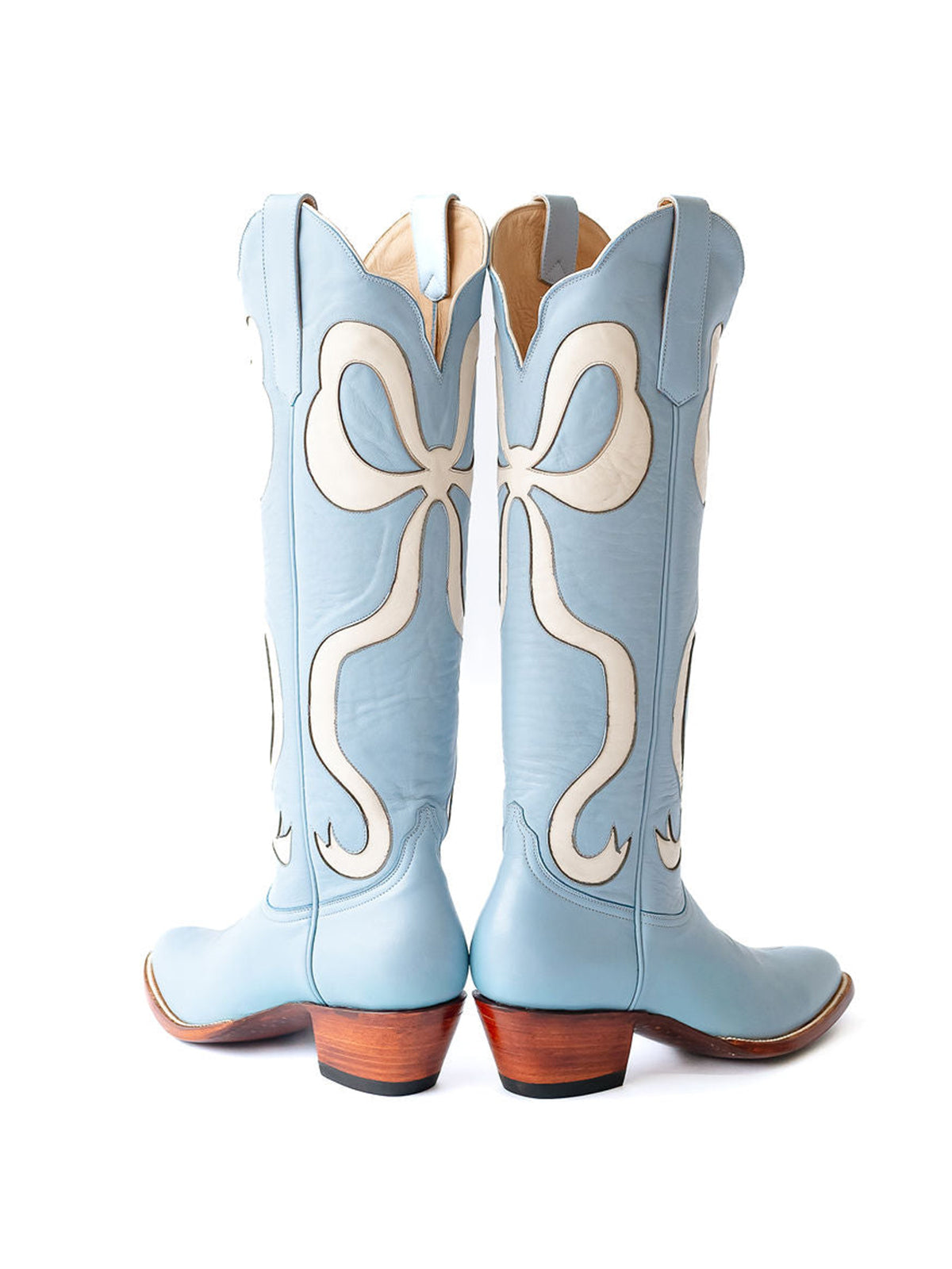 Blue Almond-Toe Wide Calf Western Boots Knee High Tall Boots With White Bowknot Inlay