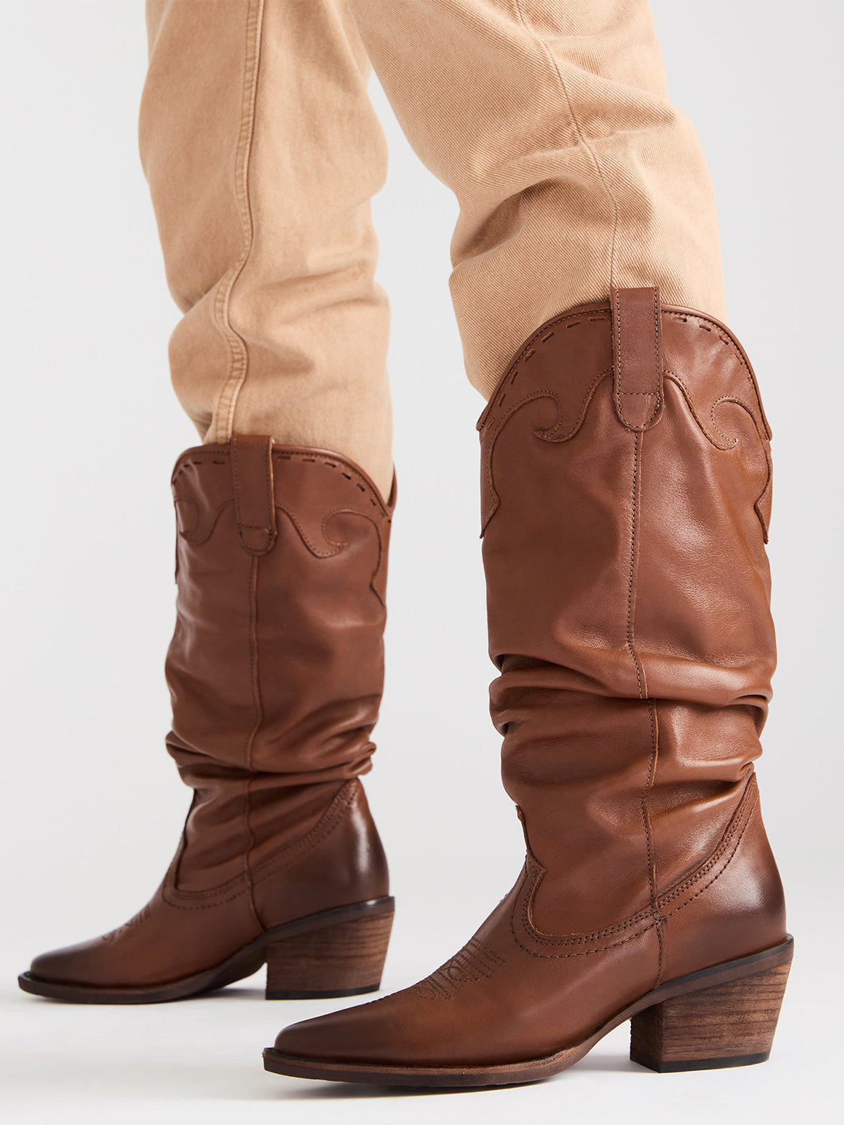 Cognac Snip-Toe Slouchy Mid Calf Cowgirl Boots