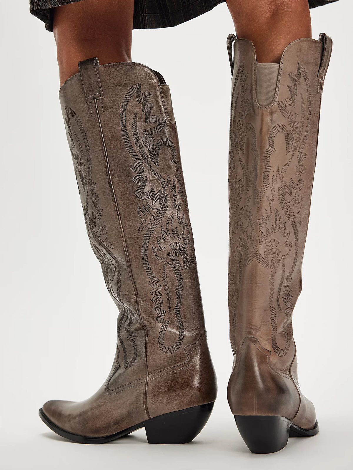 Distressed Gray Embroidery Pointed-Toe Tall Wide Calf Western Boots For Women