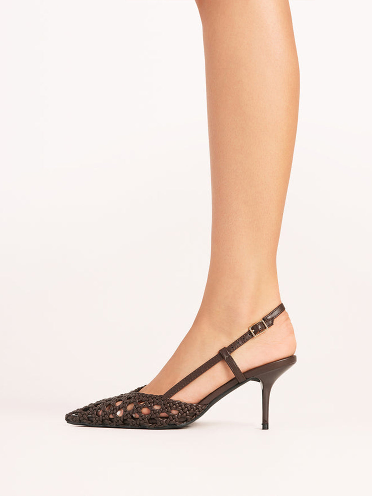 Chocolate Vegan Leather Woven Pointed-Toe Slingback Kitten Heels
