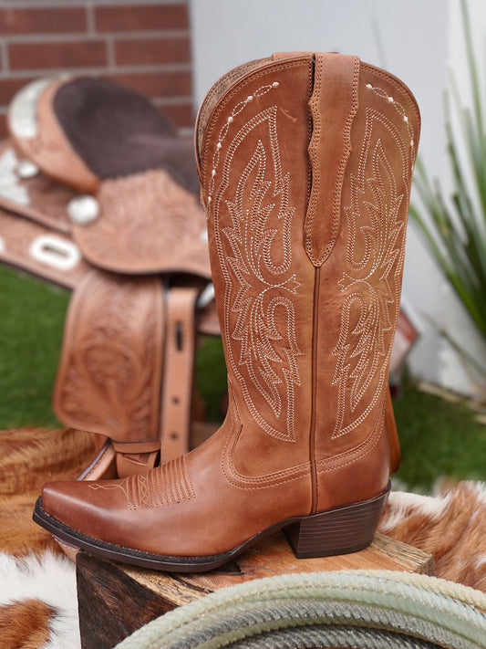 Brown Snip-Toe Embroidery Classic Wide Mid Calf Cowgirl Boots