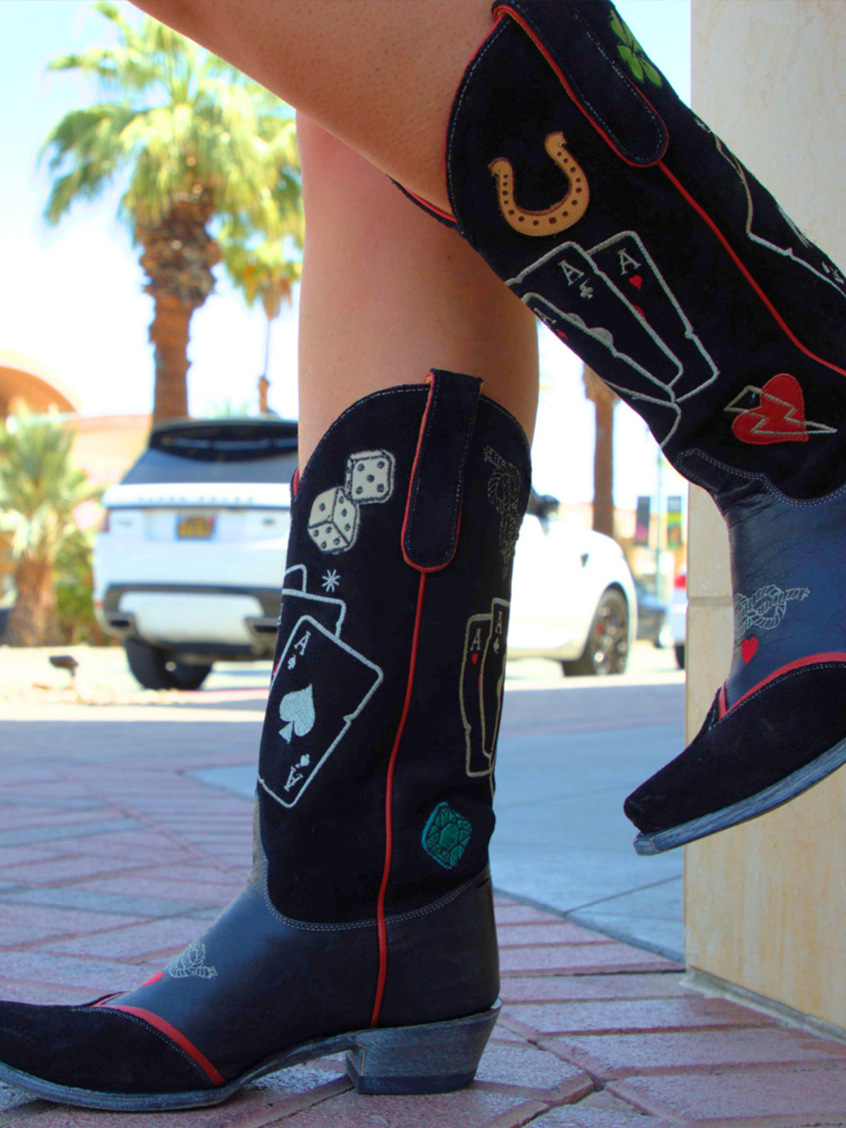 Black Snip-Toe Card Game Embroidery Horseshoe Applique Mid Calf Cowgirl Boots