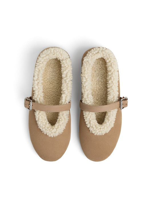 Light Brown Faux Suede Round-Toe Mary Jane Ballet Flats With Plush