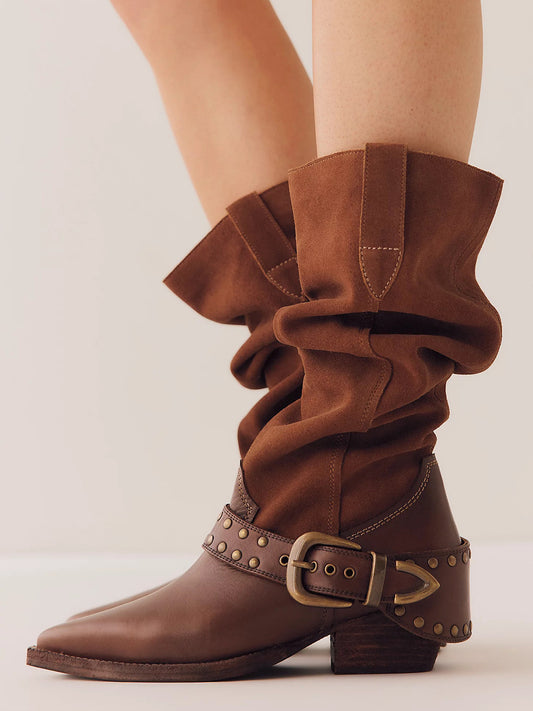 Brown Pointed-Toe Studded Buckle Strap Wide Calf Knee High Cowgirl Boots