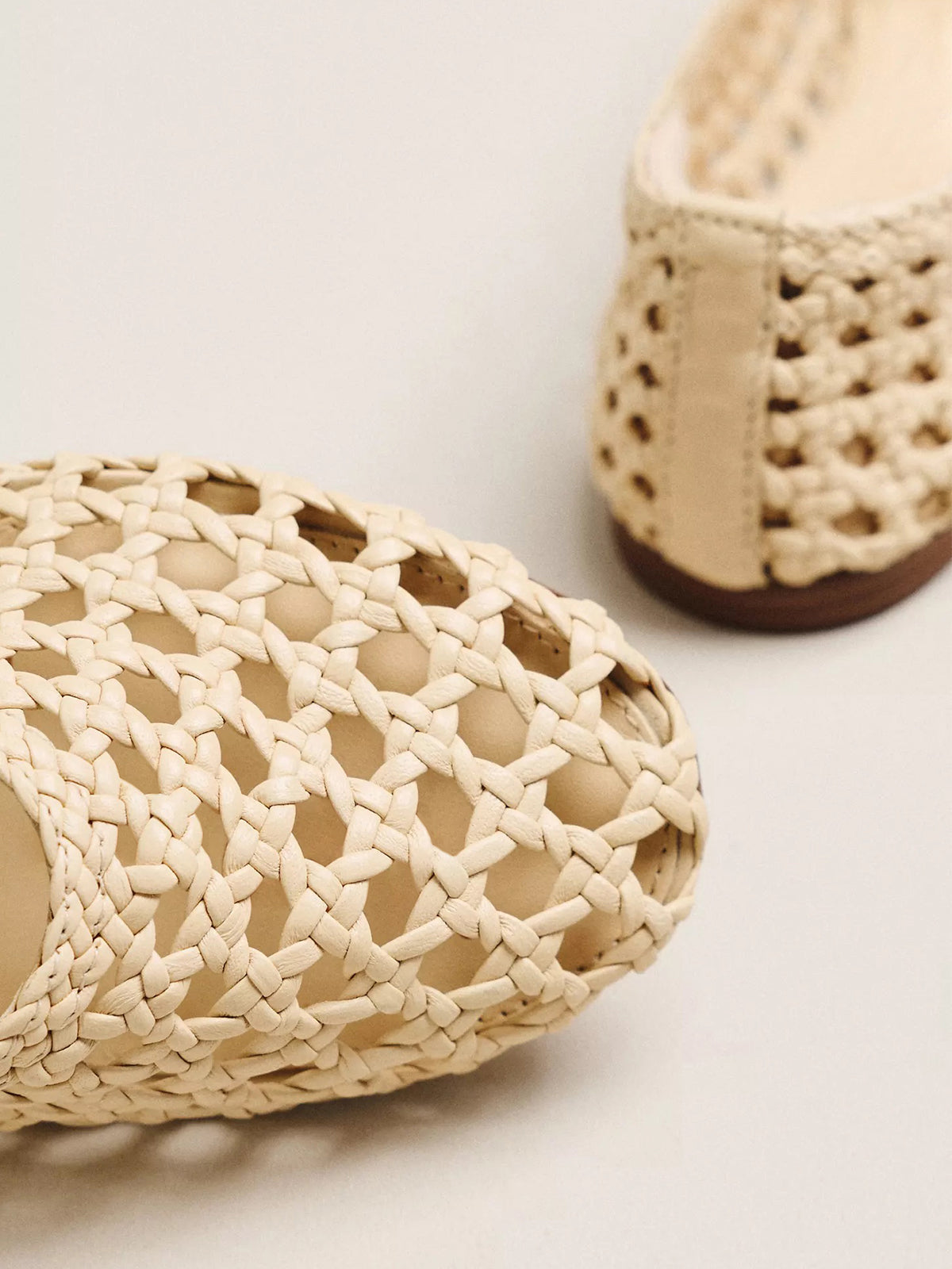 Beige Woven Vegan Leather Round-Toe Slip-On Classic Ballet Flats