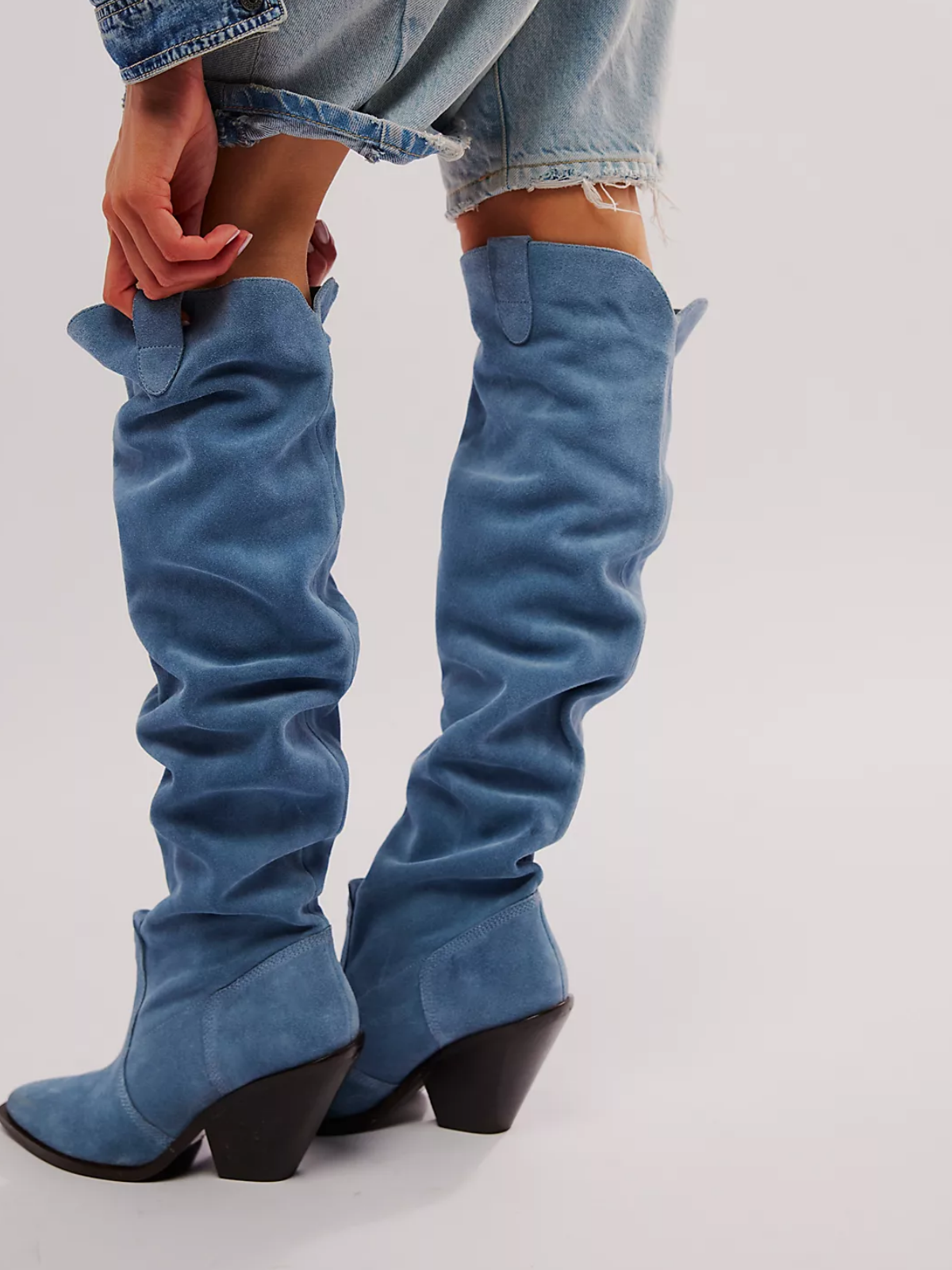 Blue Faux Suede Pointed-Toe Slouchy Wide Calf Tall Knee High Western Boots