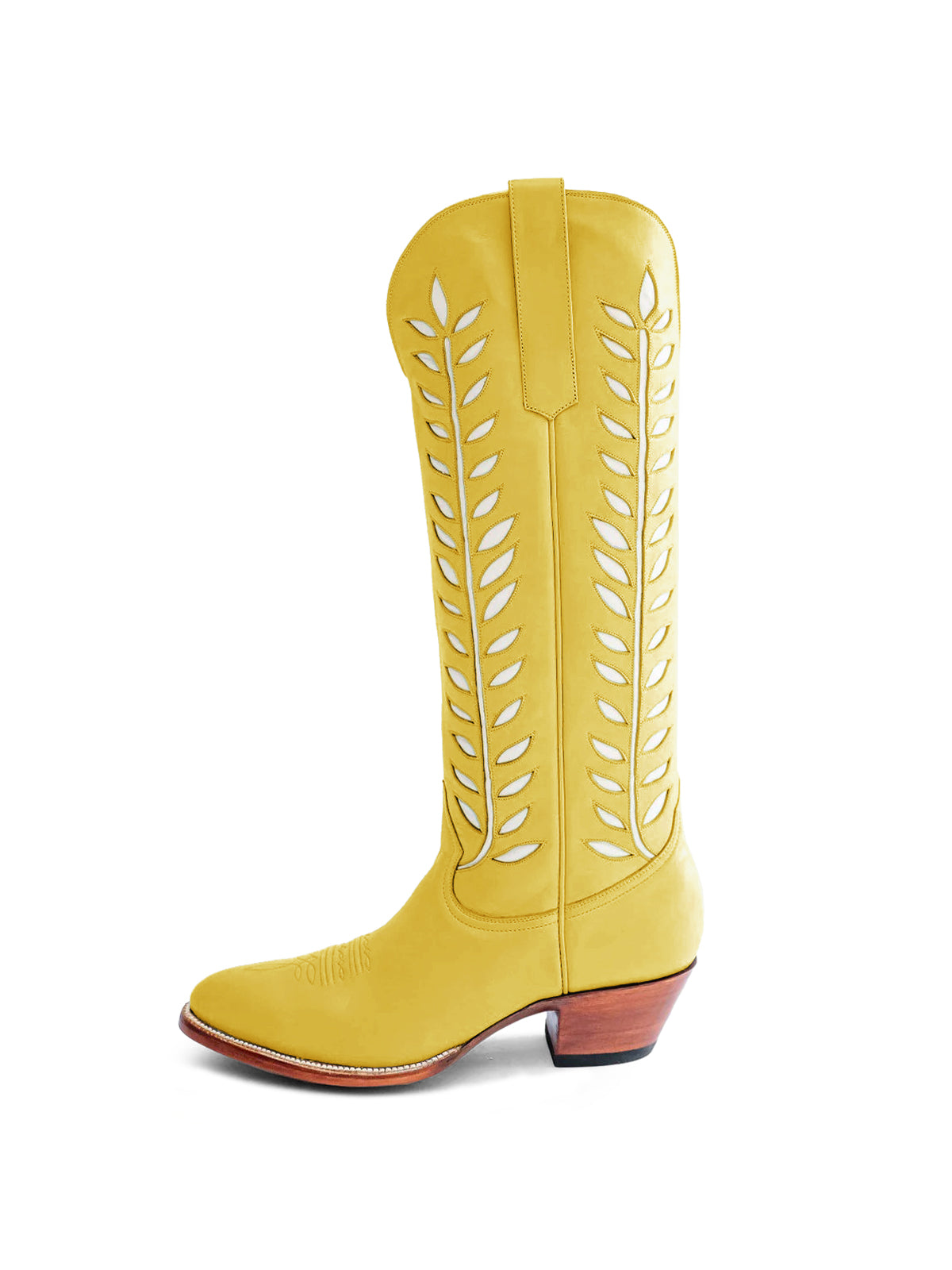 Almond-Toe White Leaves Inlay Wide Calf Tall Knee High Cowgirl Boots - Yellow