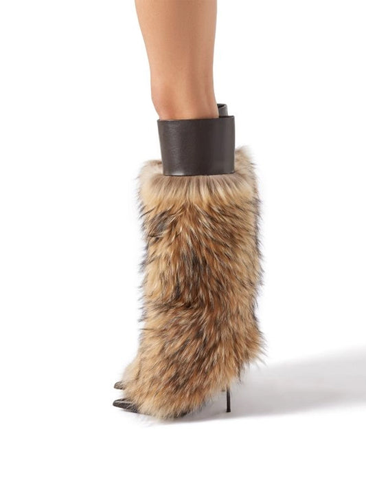 Brown Vegan Leather Pointed-Toe Shaft Plush Wide Calf Knee High Stiletto Boots