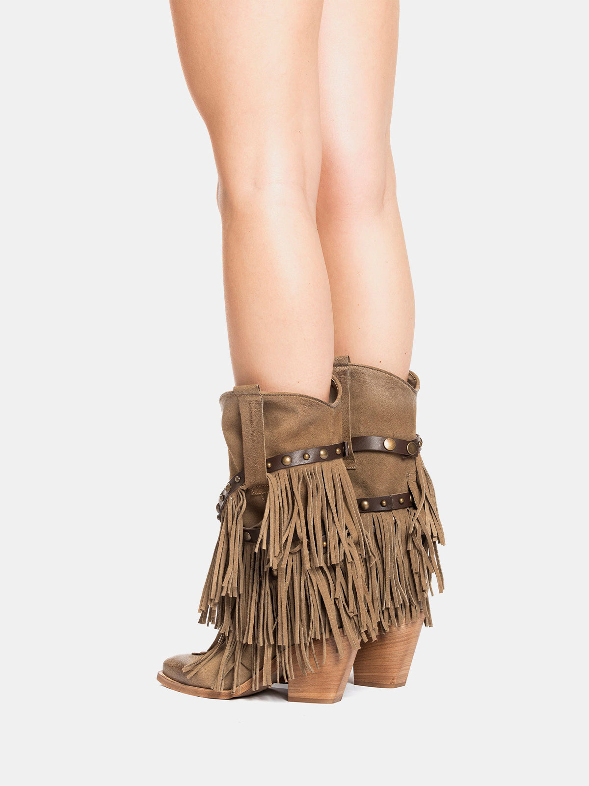Brown Faux Suede Snip-Toe Studded Straps Fringe Mid Calf Cowgirl Boots