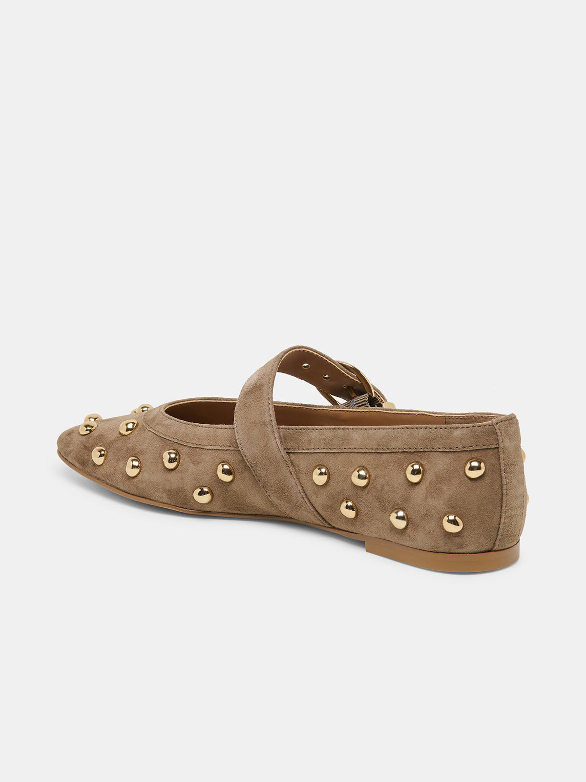 Olive Green Faux Suede Square-Toe Studs And Mary Jane Ballet Flats