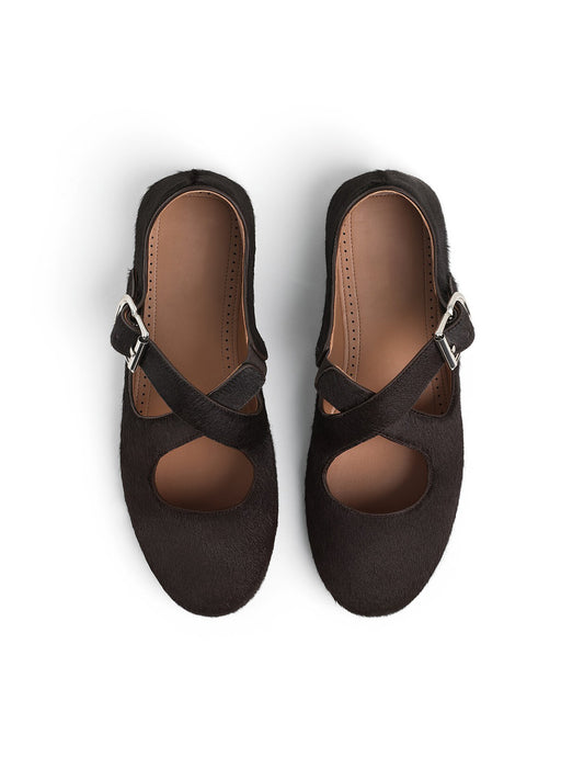 Black Pony Hair Round-Toe Criss Cross Strap Ballet Flats