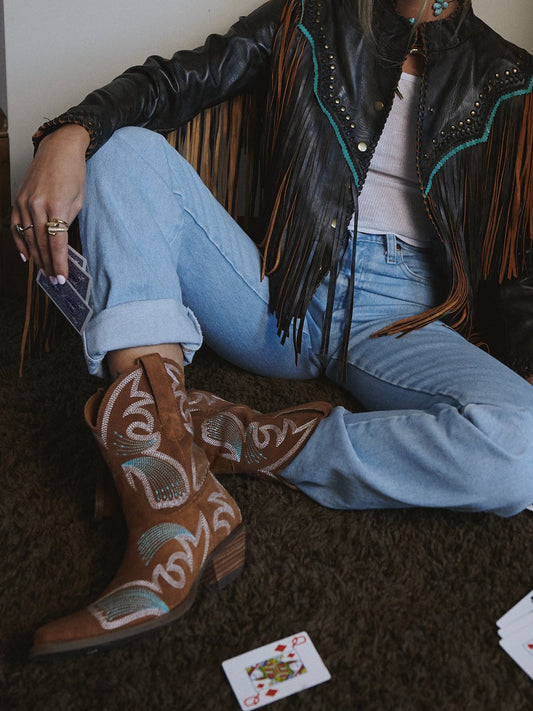 Brown Faux Suede Snip-Toe Delicate Embroidery Ankle Cowgirl Boots