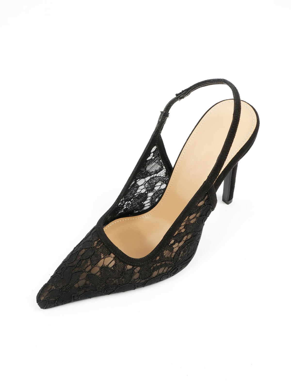Black Lace Mesh Pointed-Toe Chic Back Strap Pumps High Heels