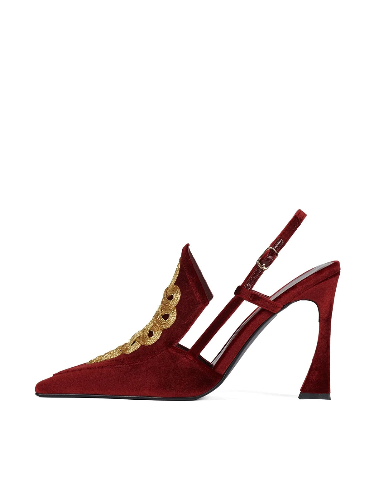 Wine Red Velvet Pointed-Toe Gold Embroidery Slingback High Heels Pumps
