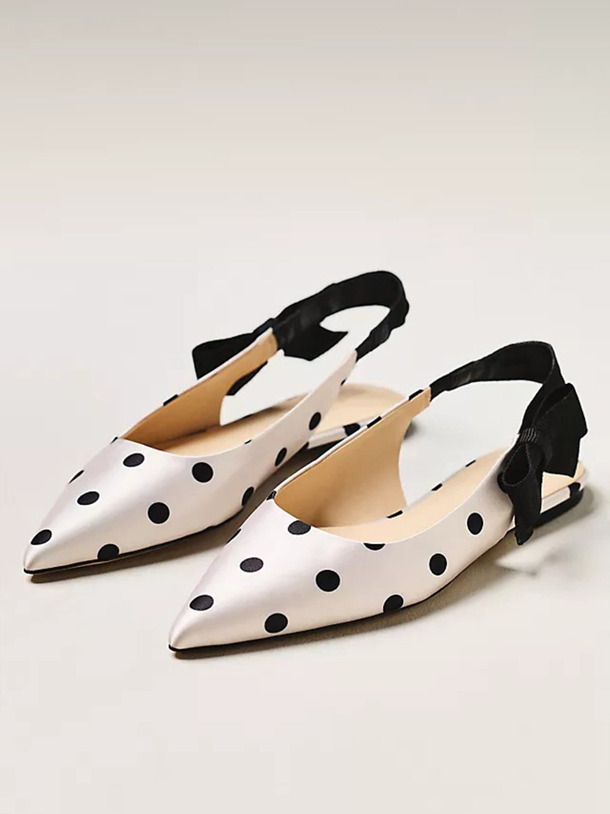 Ivory Polka Dot Satin Pointed-Toe Side-Bow Slingback Flats