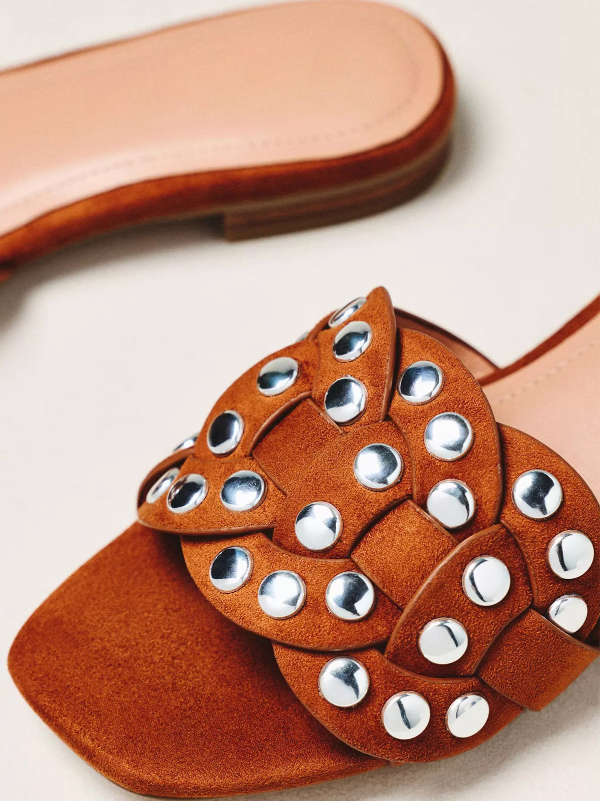 Brown Faux Suede Square-Toe Studded Slip-On Sandals Flats