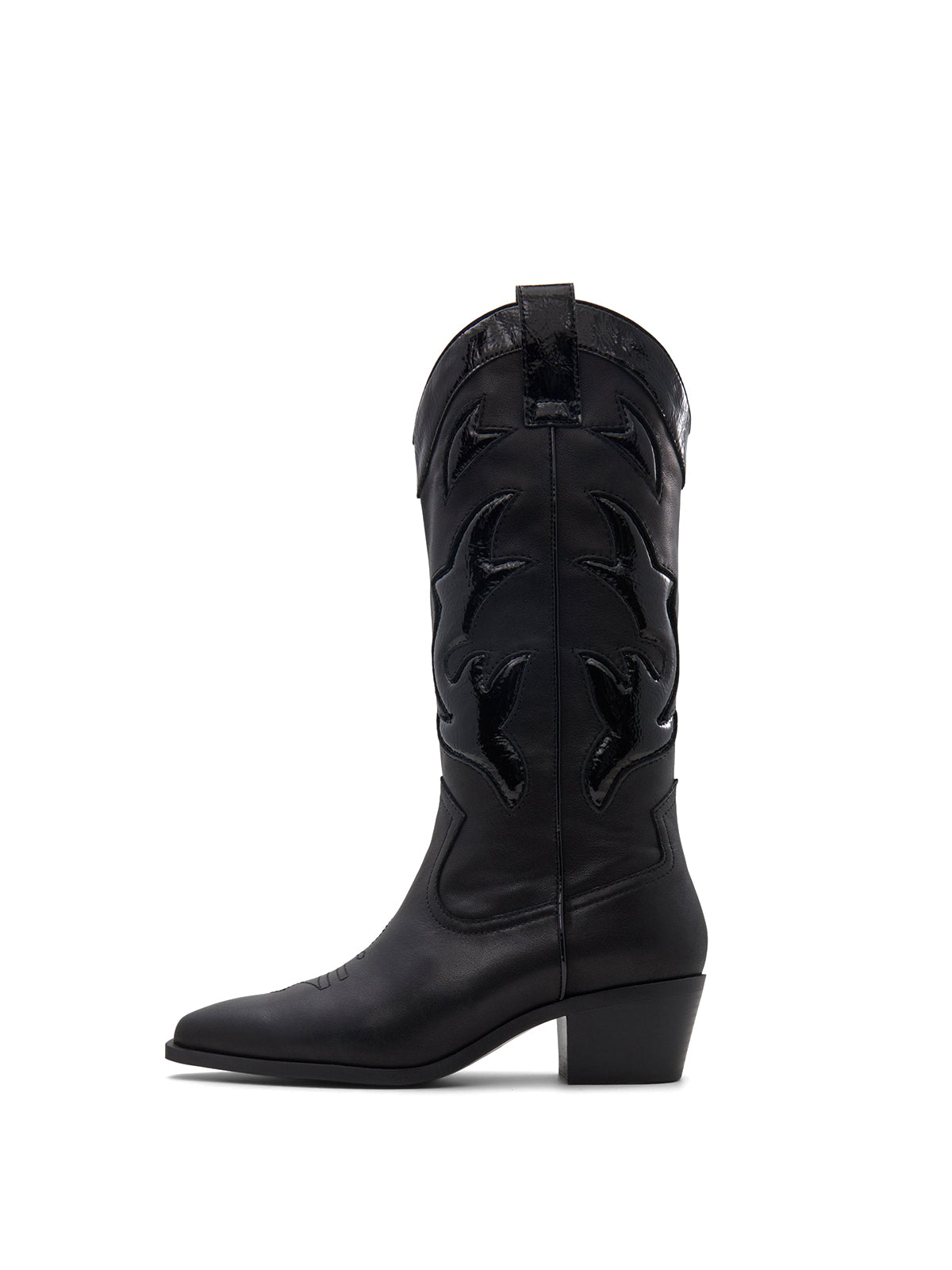 Black Pointed-Toe Padded Inlay Full-Zip Mid Calf Cowgirl Boots