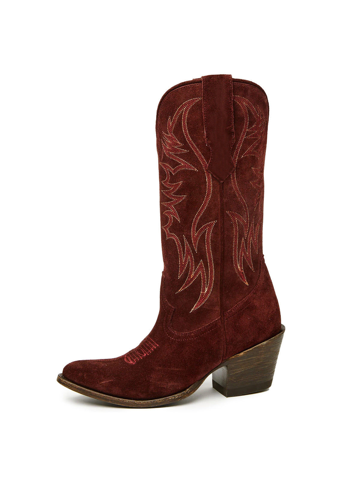 Faux Suede Wings Embroidery Pointed-Toe Mid Calf Cowgirl Boots - Wine Red