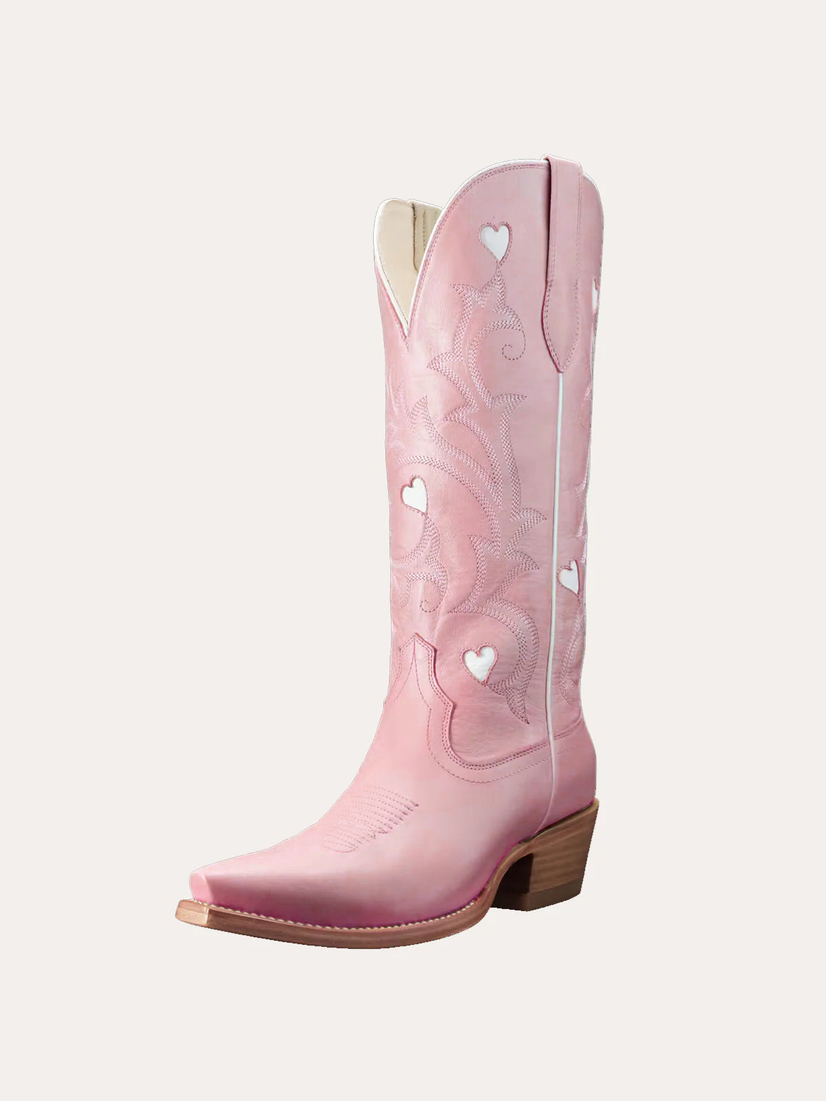 Pink Snip-Toe Embroidery White Heart Inlay Mid Calf Cowgirl Boots