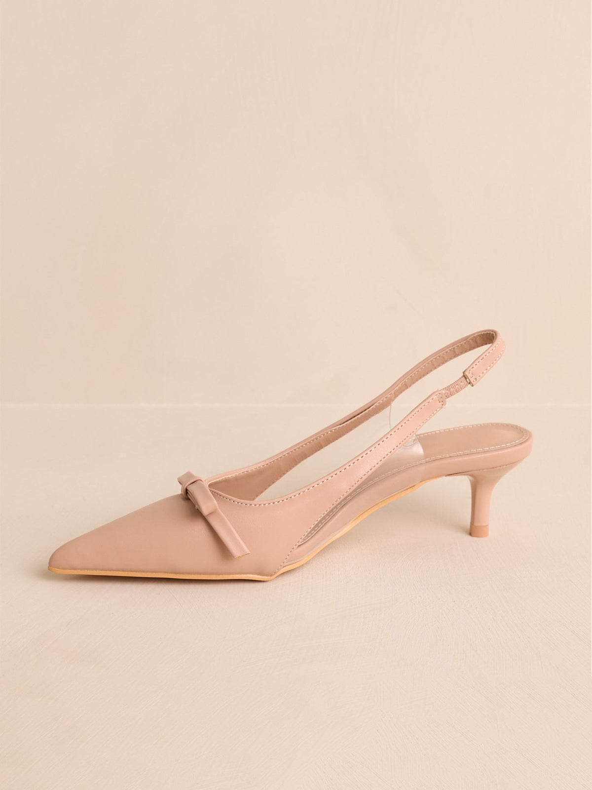 Beige Pointed-Toe Front Bow Slingback Kitten Heels With Transparent Film TPU