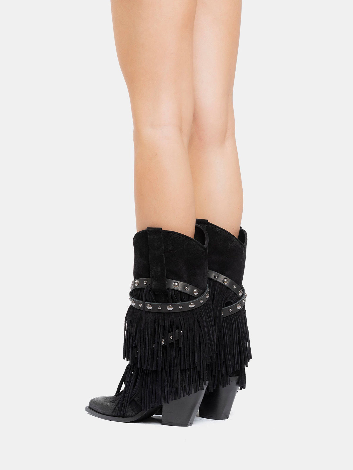Black Faux Suede Snip-Toe Studded Straps Fringe Mid Calf Cowgirl Boots