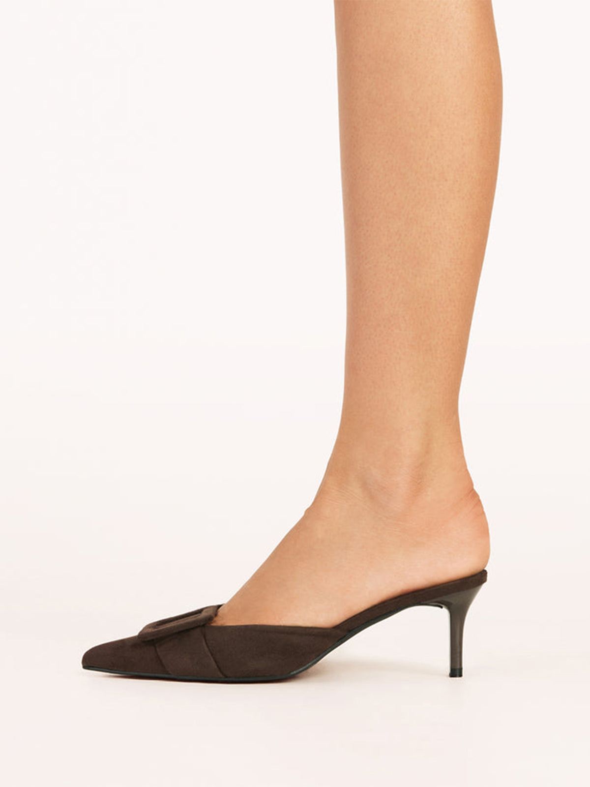 Chocolate Faux Suede Pointed-Toe Simple Slip-On Kitten Heels