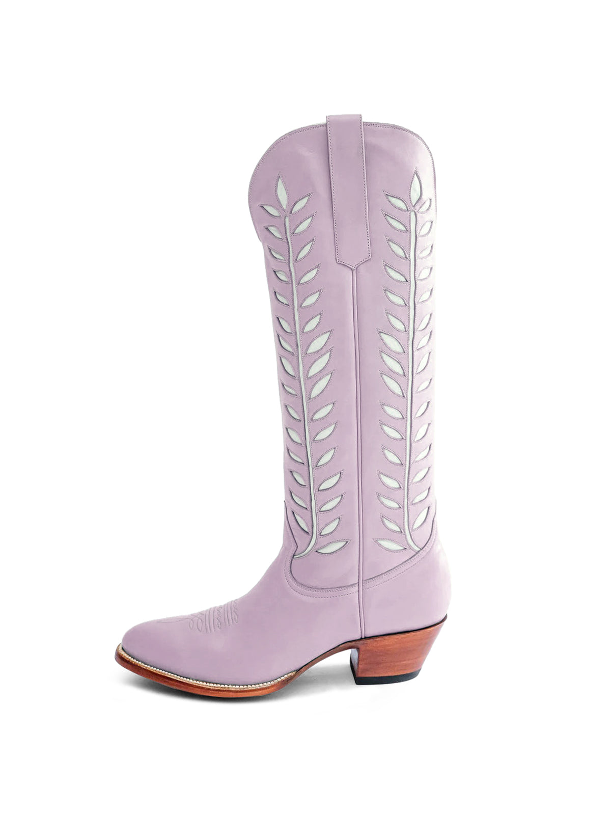 Almond-Toe White Leaves Inlay Wide Calf Tall Knee High Cowgirl Boots - Lavender